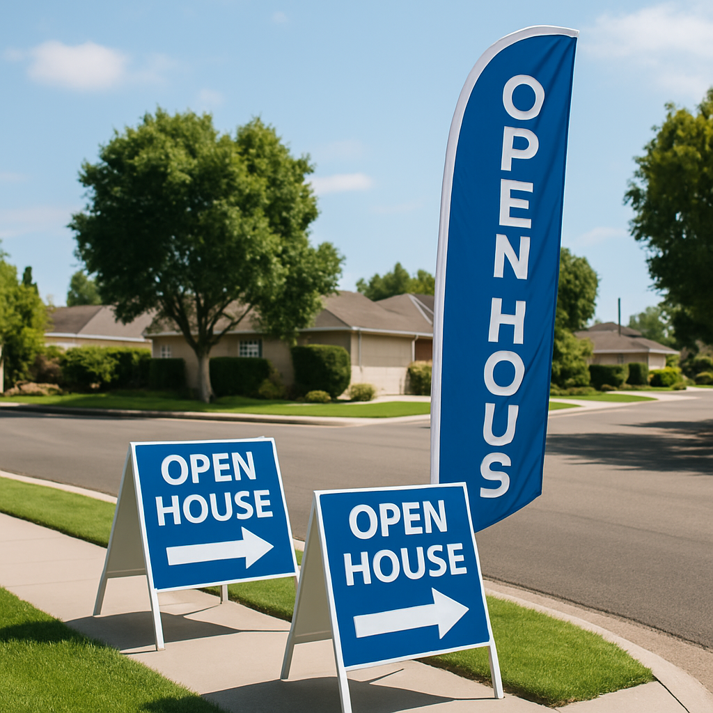 Open house directional signs and feather flag